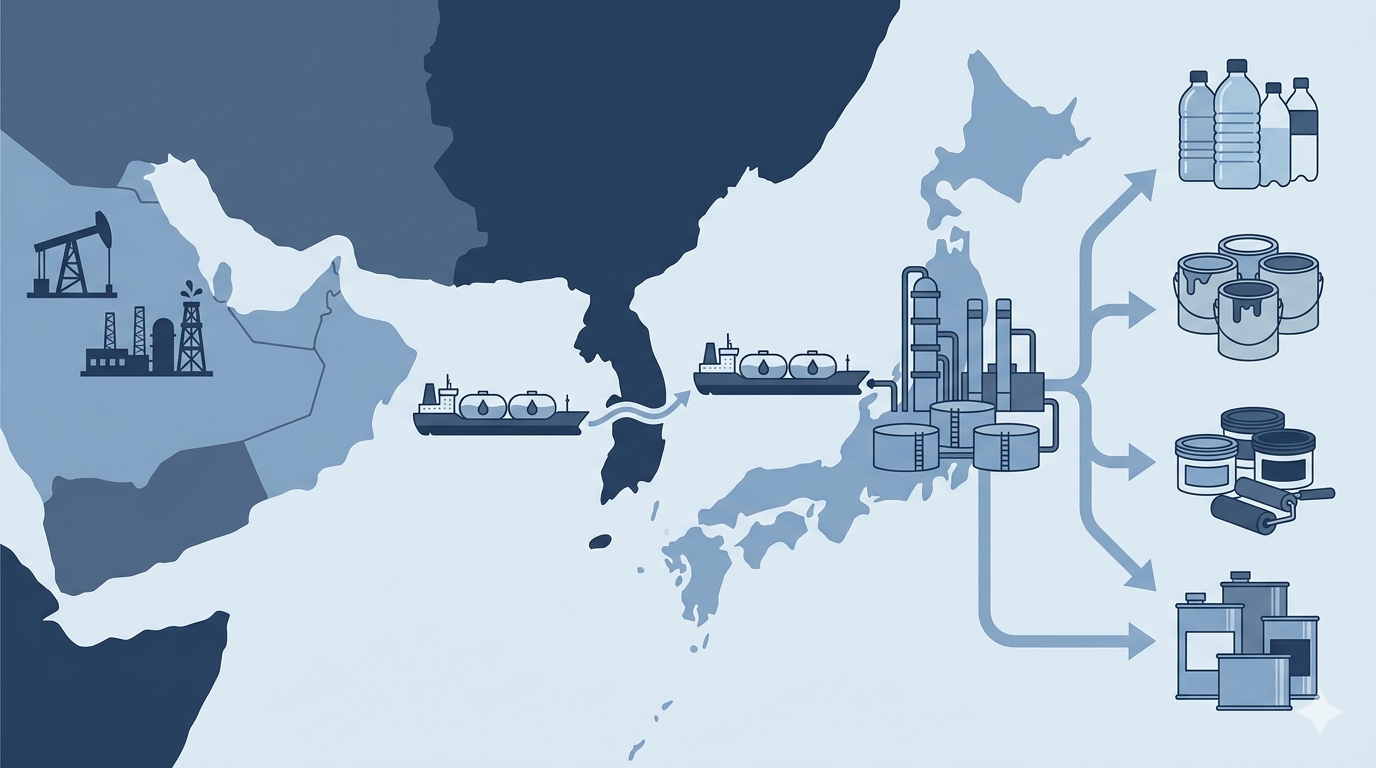 ナフサ不足の構造を示す図。中東からホルムズ海峡を通って日本へ運ばれるナフサと、プラスチック・塗料・シンナーなど川下製品への広がりを表したイラスト