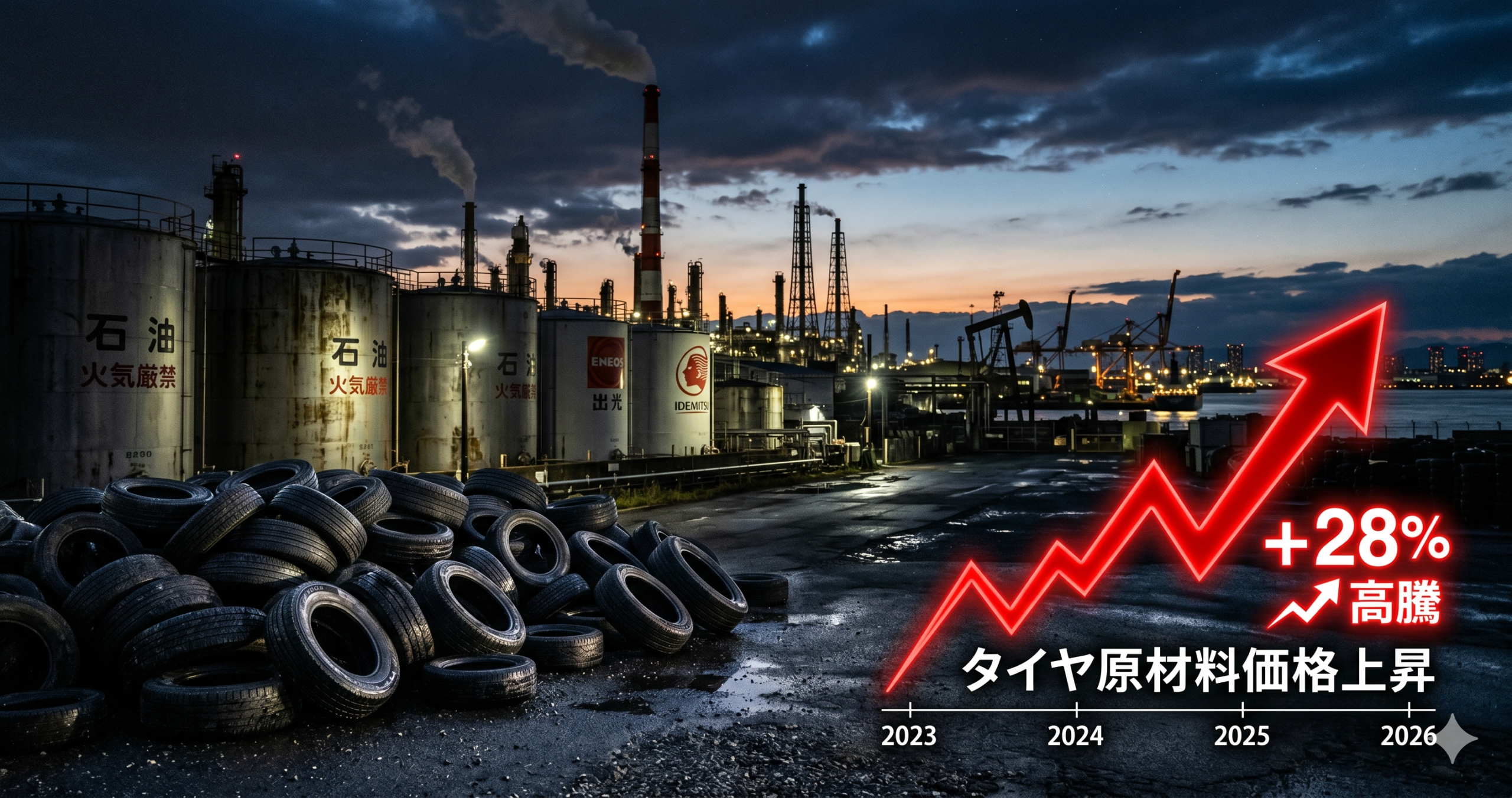 ナフサ不足によるタイヤ値上げと日本の石油化学サプライチェーンを示す画像