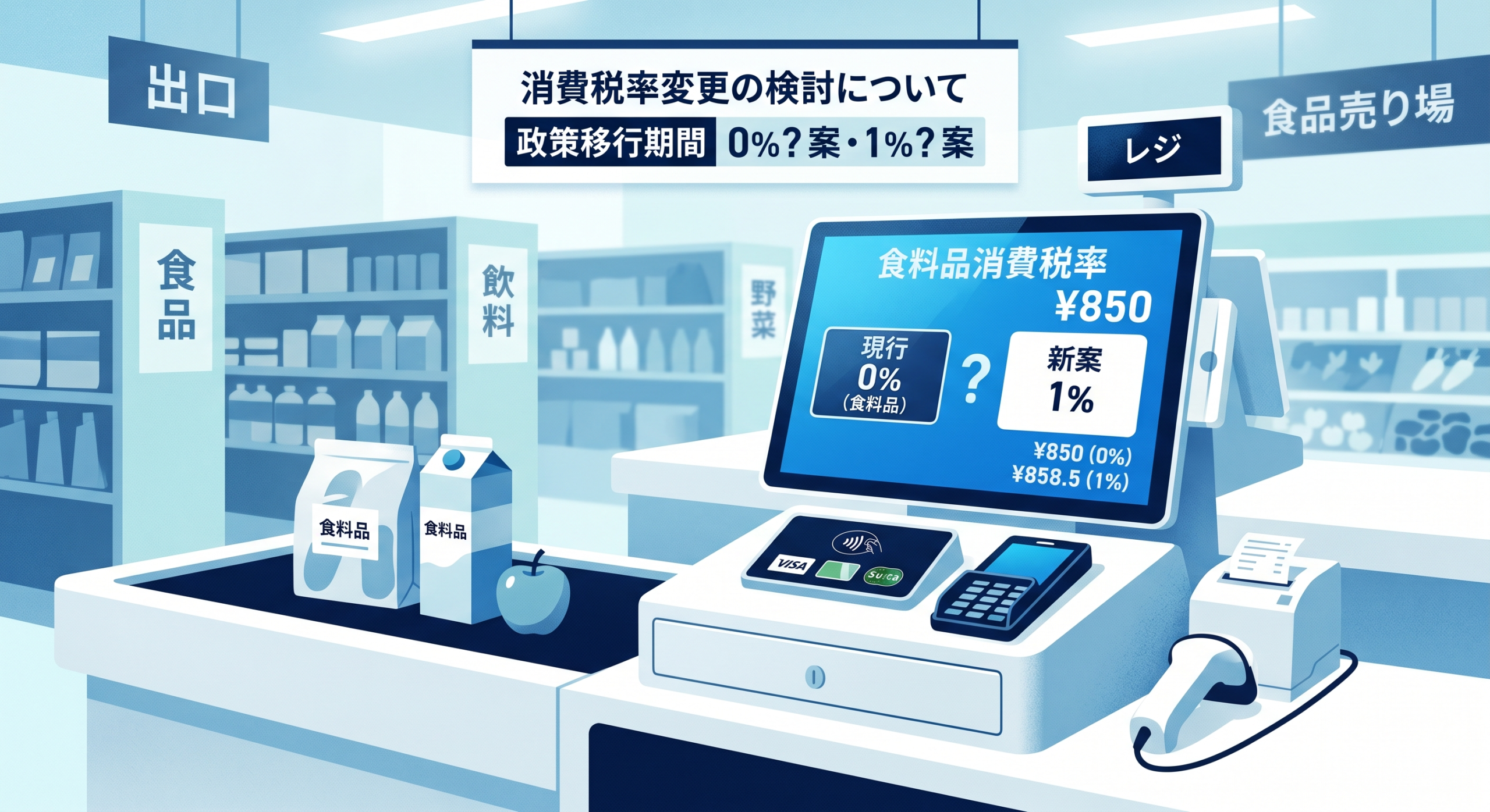 食料品消費税0%公約と1%案をめぐる政府の方針転換を示すイメージ