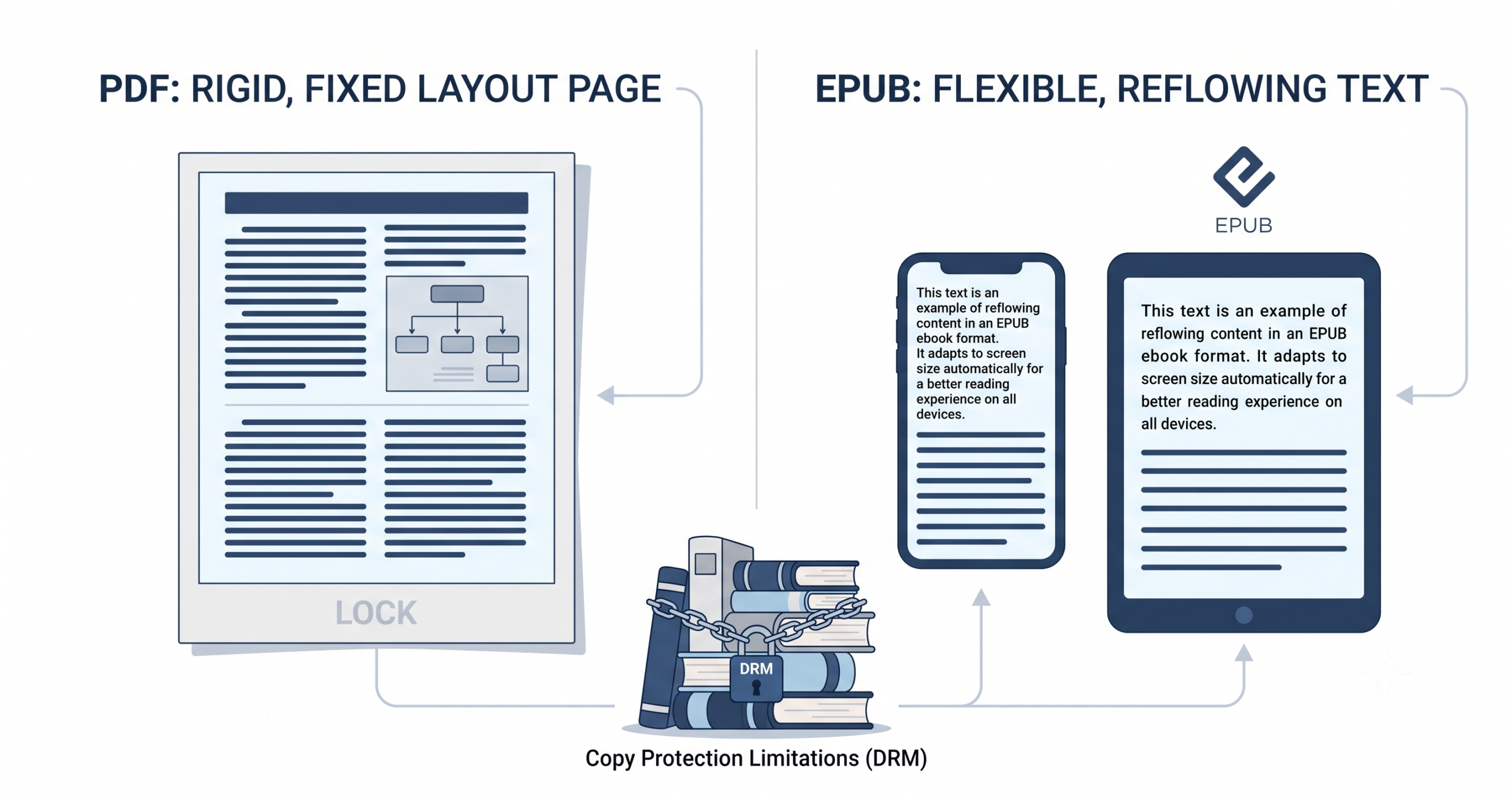 EPUBとPDFの違いとDRMの制約をやさしく示した解説イメージ図