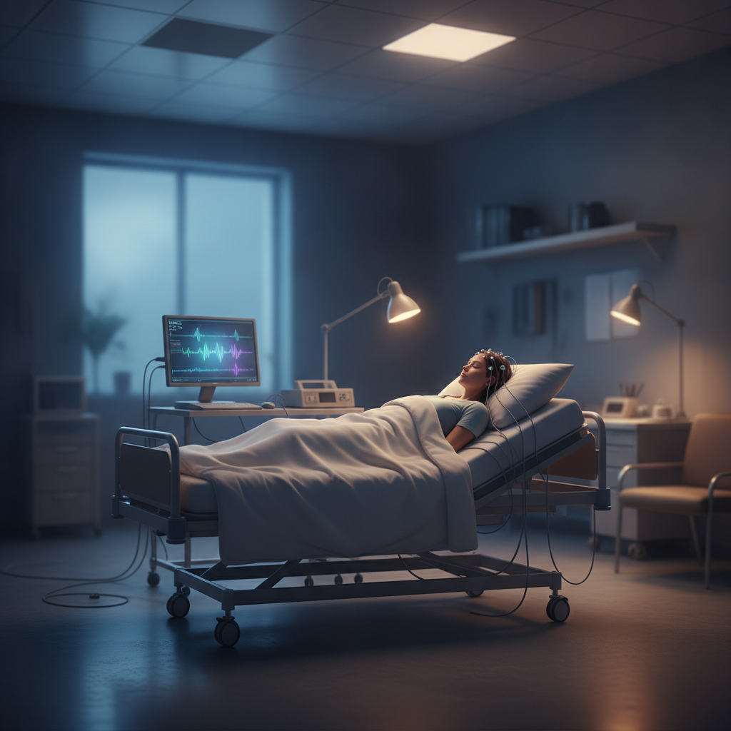 睡眠中の脳波を計測する夢の研究室のイメージ。fMRIやEEGを使った夢の解読研究を想起させる