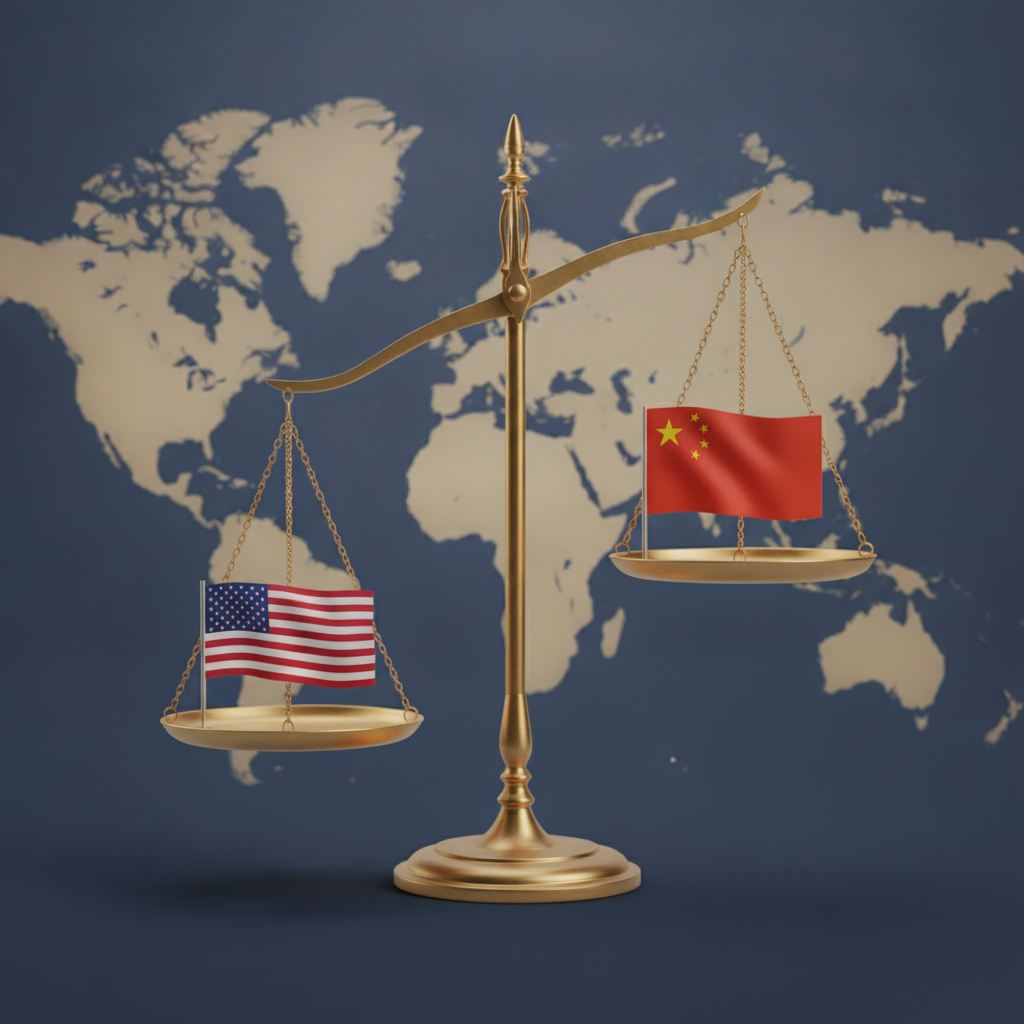 ピュー調査で中国の好感度が米国超えと報じられたニュースを検証する記事のアイキャッチ画像。中国と米国の国旗を天秤にかけた構図