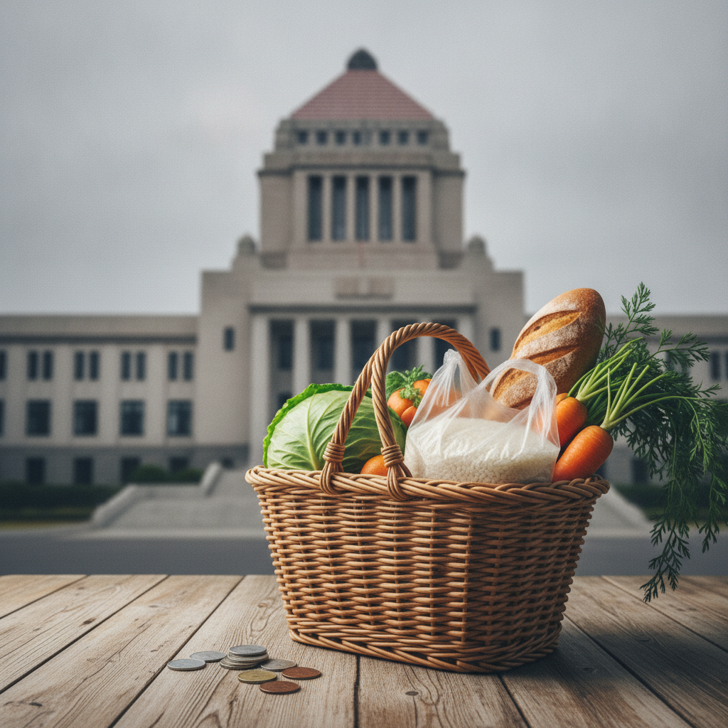 食料品の消費税ゼロは愚策かを国会で問う議論のイメージ。食料品 消費税ゼロ 愚策
