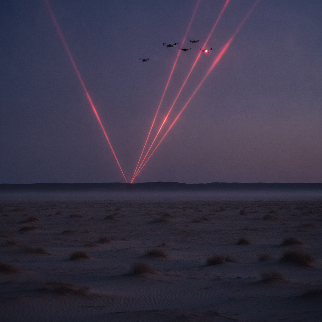 レーザー迎撃兵器のイメージ。夕暮れの砂漠の空に、赤い光の筋が小型ドローンの影へ向かって伸びている